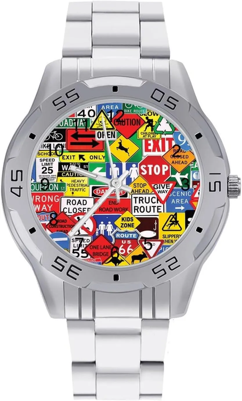 Road Traffic Sign Simple Wrist Watches for Men Silver Casual Big Face Dress Watch Easy to Read