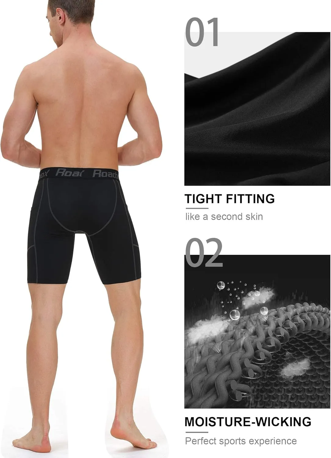 Roadbox Men's Compression Shorts with Pockets, 3 Pack 9'' Performance Running Base Layer for Workout Sports Underwear