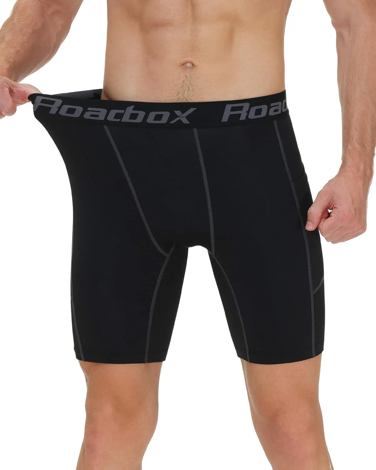 Roadbox Men's Compression Shorts with Pockets, 3 Pack 9'' Performance Running Base Layer for Workout Sports Underwear