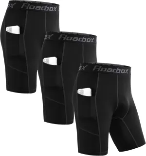 Roadbox Men's Compression Shorts with Pockets, 3 Pack 9'' Performance Running Base Layer for Workout Sports Underwear