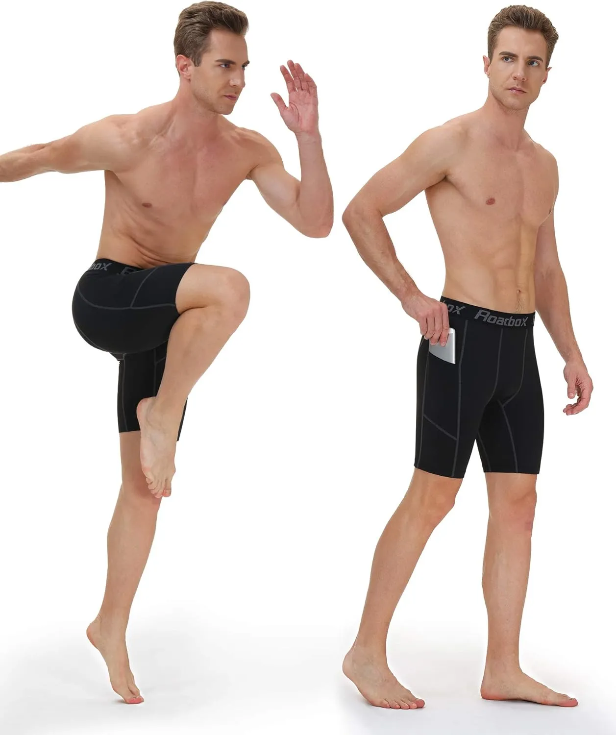 Roadbox Men's Compression Shorts with Pockets, 3 Pack 9'' Performance Running Base Layer for Workout Sports Underwear