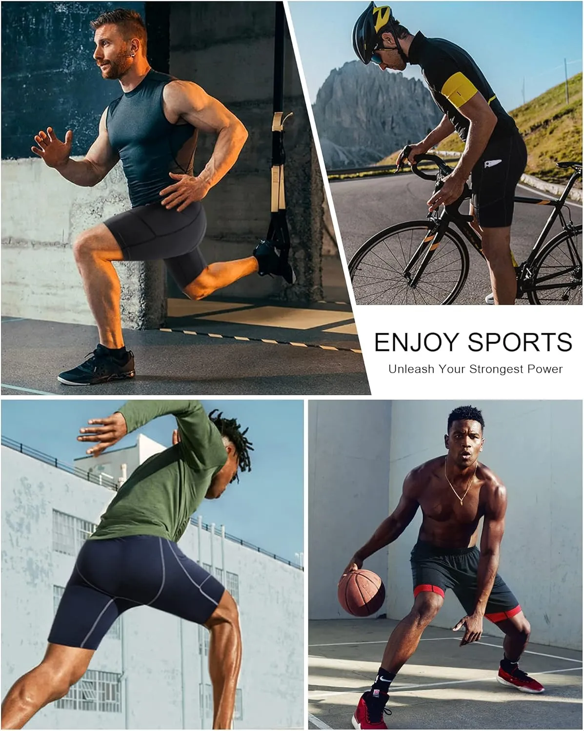 Roadbox Men's Compression Shorts with Pockets, 3 Pack 9'' Performance Running Base Layer for Workout Sports Underwear