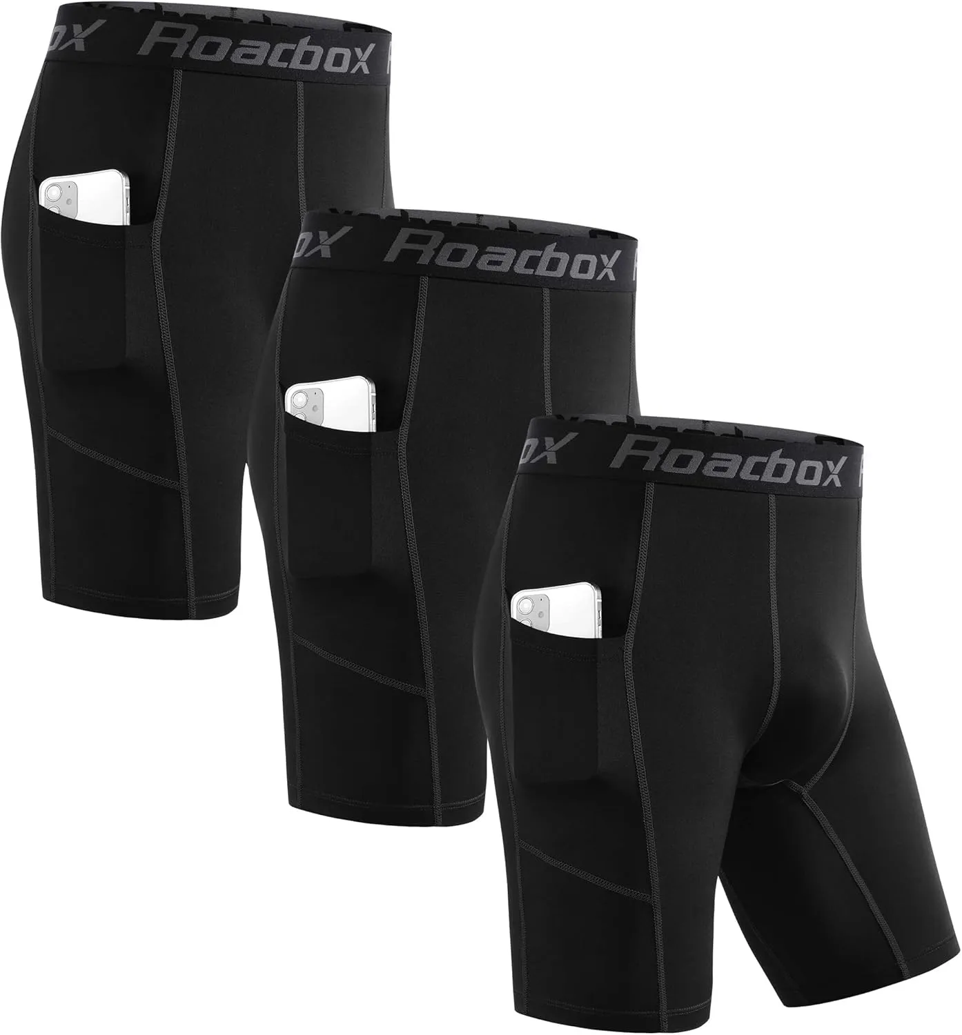 Roadbox Men's Compression Shorts with Pockets, 3 Pack 9'' Performance Running Base Layer for Workout Sports Underwear