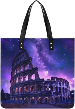 Rome Italy Famous Ancient Landmark Leather Tote Bag for Women Men Shoulder Bag Casual Handbag Work Bag 39x39cm
