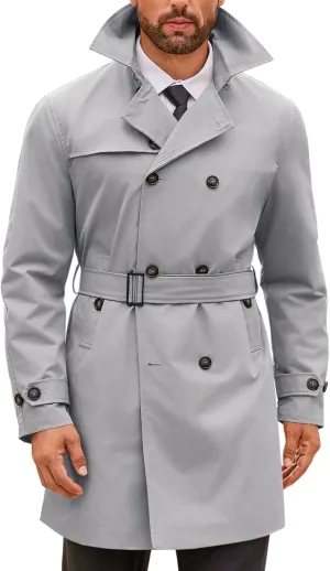 Runcati Mens Double Breasted Trench Coat Notched Lapel Windbreaker Jackets Causal Overcoat With Belt