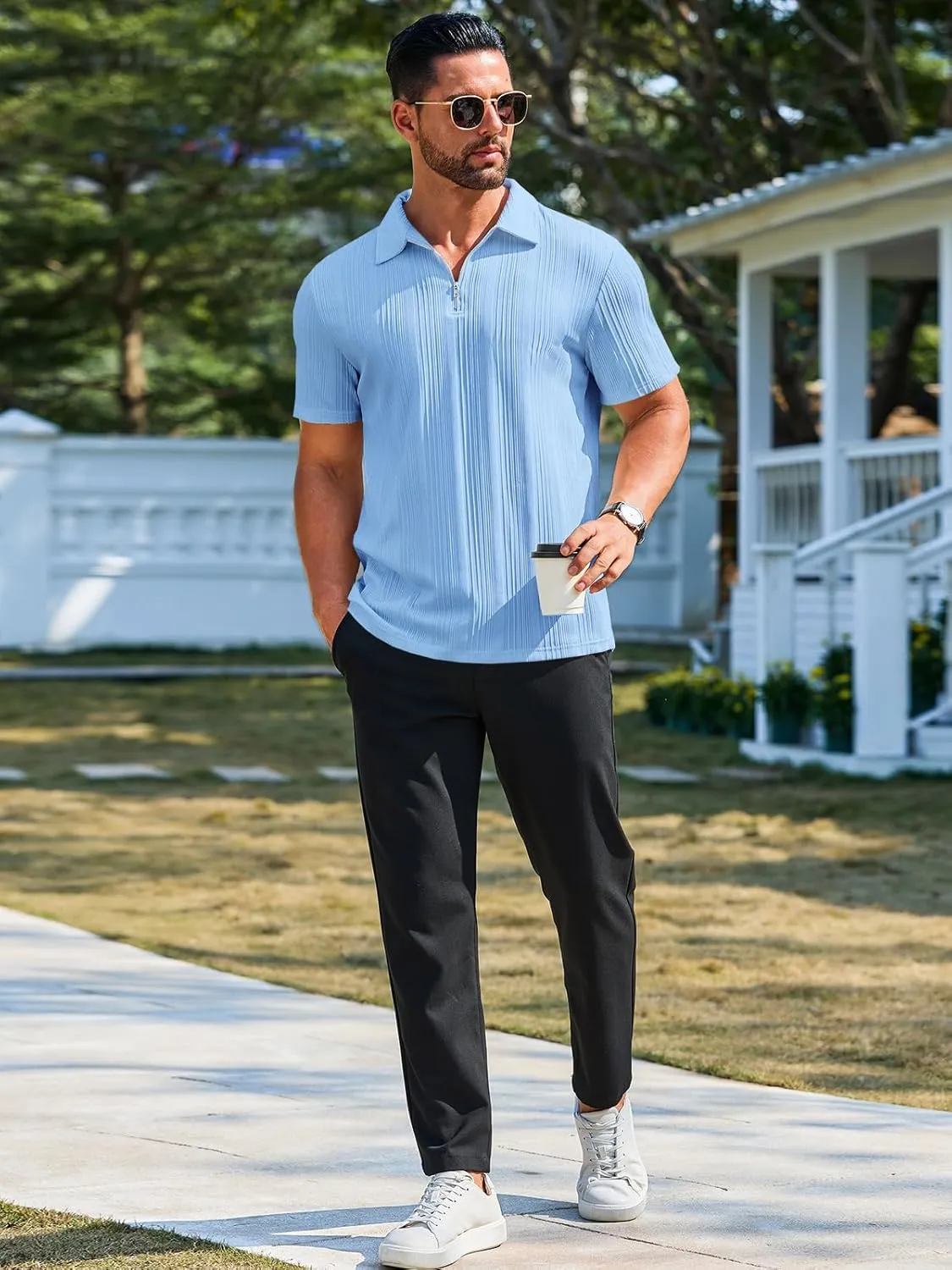 Runcati Mens Quarter Zip Polo Shirts Knit Textured Casual Short Sleeve Shirt Lightweight Golf Tops