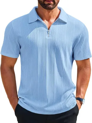 Runcati Mens Quarter Zip Polo Shirts Knit Textured Casual Short Sleeve Shirt Lightweight Golf Tops