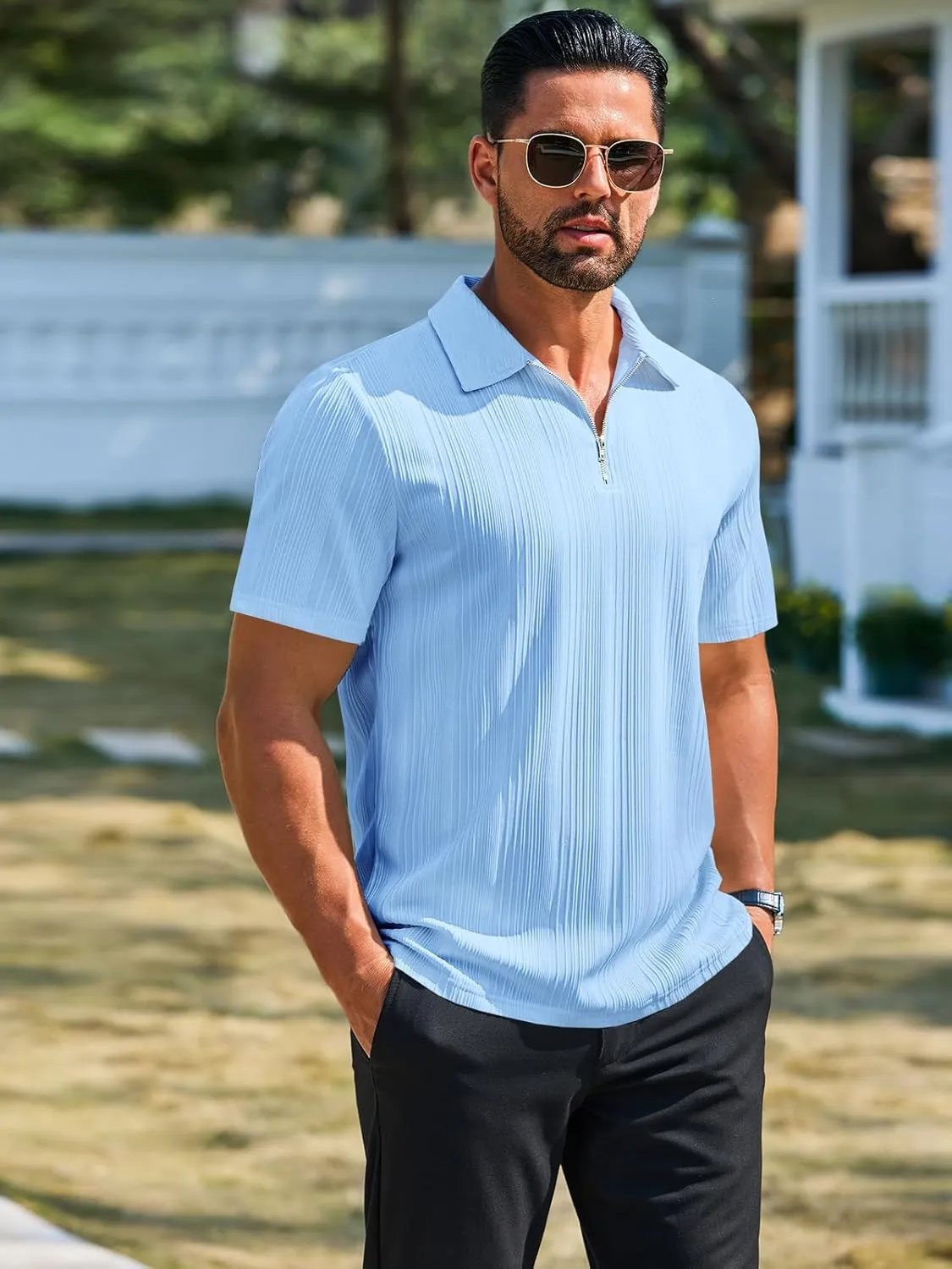 Runcati Mens Quarter Zip Polo Shirts Knit Textured Casual Short Sleeve Shirt Lightweight Golf Tops