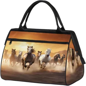 Running Horses Sunrise Gym Bag for Women Men, Travel Sports Duffel Bag with Trolley Sleeve, Waterproof Sports Gym Bag Weekender Overnight Bag Carry On Tote Bag for Gym Sport Travel