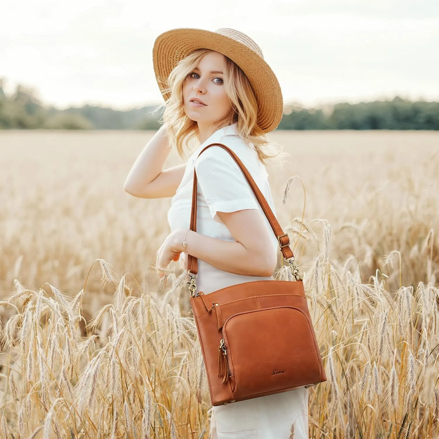 S-ZONE Crossbody Bags Purses for Women Trendy Genuine Leather Four Zipper Pockets Shoulder Handbags