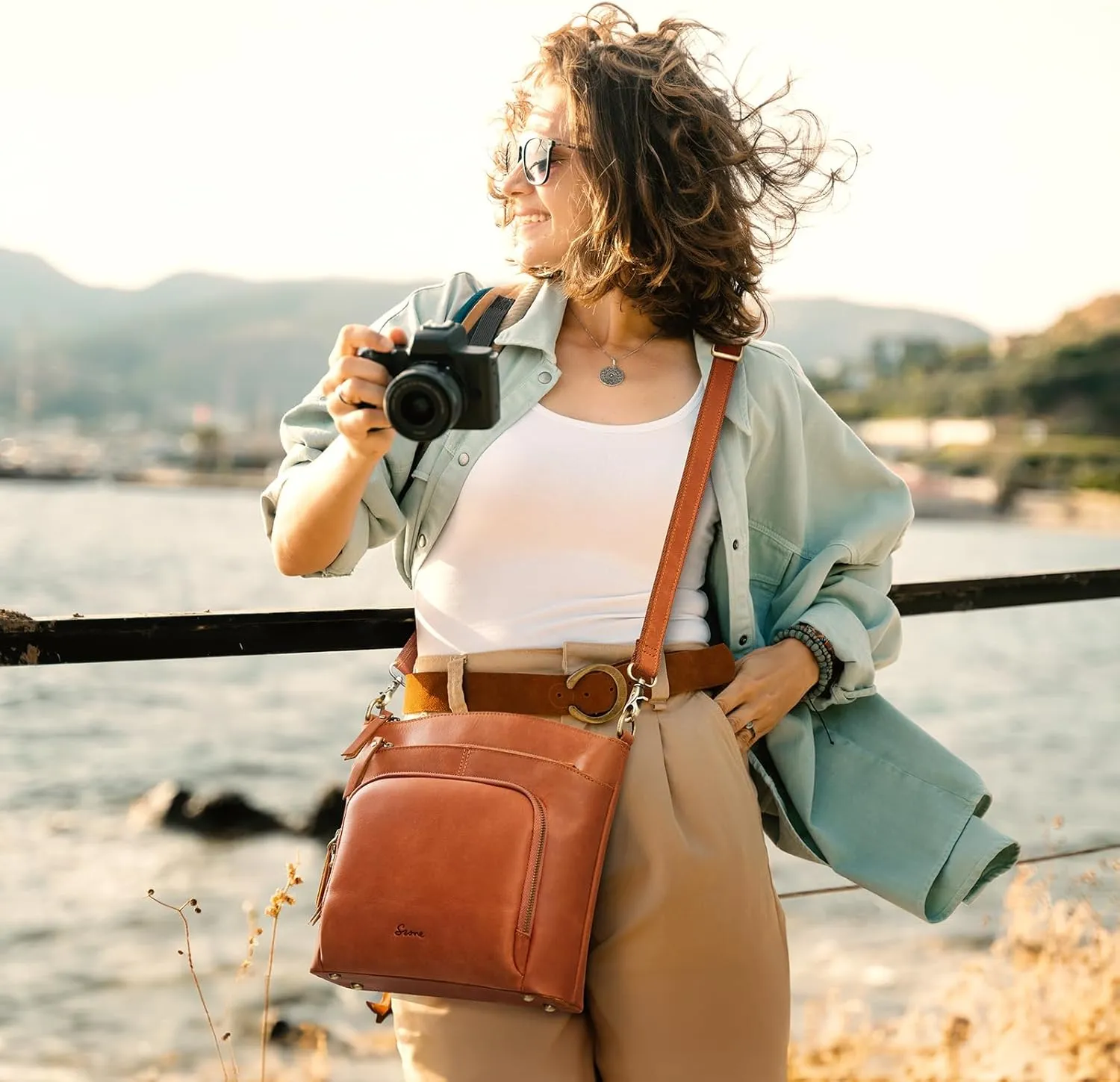 S-ZONE Crossbody Bags Purses for Women Trendy Genuine Leather Four Zipper Pockets Shoulder Handbags
