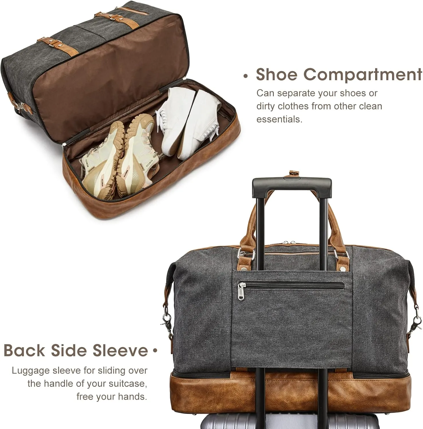 S-ZONE Weekender Bag for Men Canvas Duffle Large Weekend Overnight Travel Carry On Tote Bag with Shoe Compartment Black