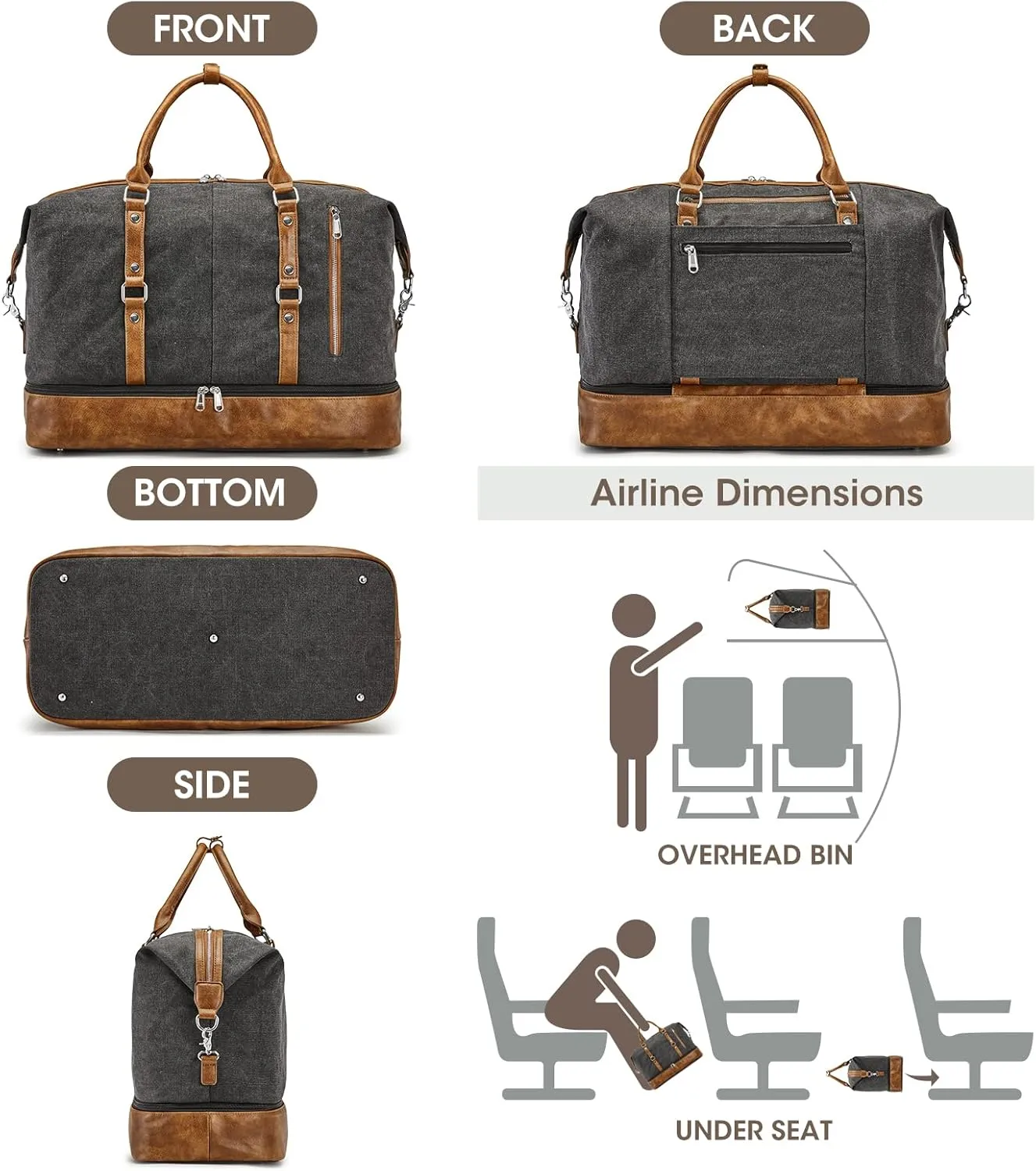 S-ZONE Weekender Bag for Men Canvas Duffle Large Weekend Overnight Travel Carry On Tote Bag with Shoe Compartment Black