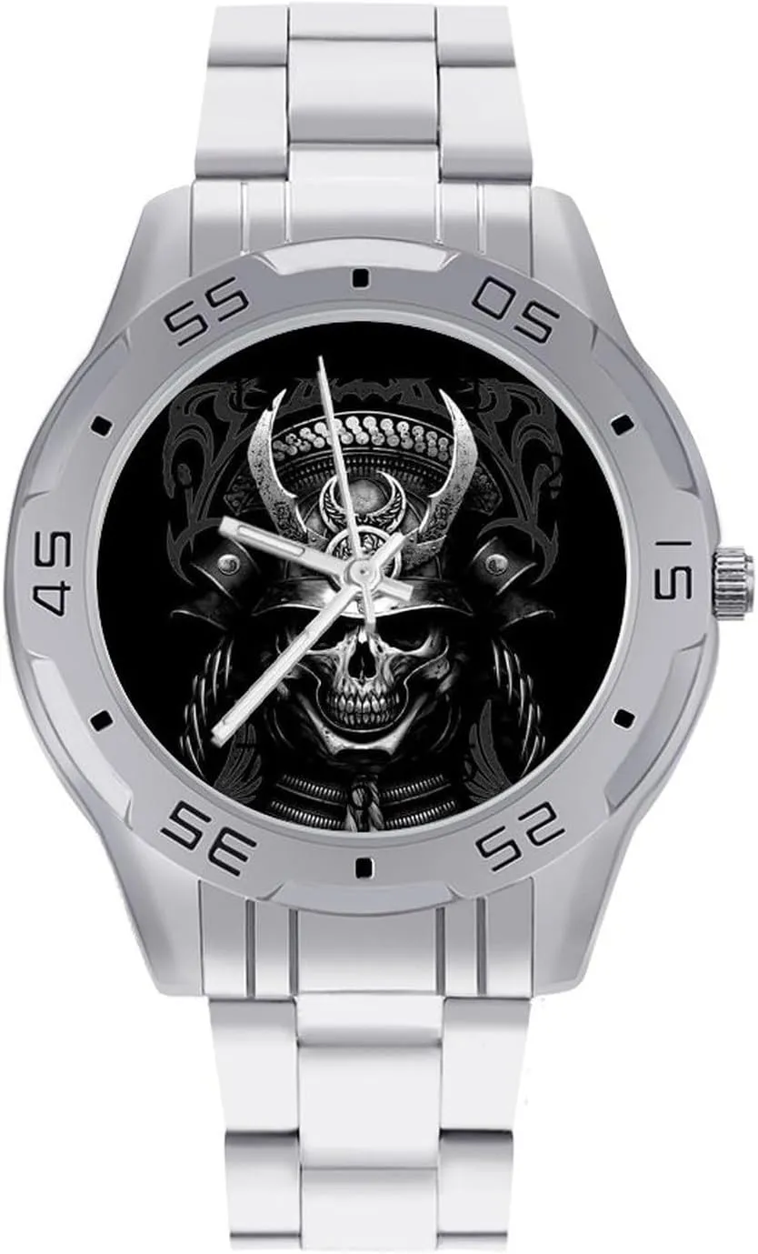 Samurai Skull Simple Wrist Watches for Men Silver Casual Big Face Dress Watch Easy to Read