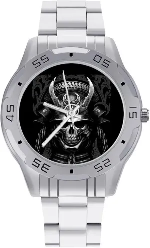 Samurai Skull Simple Wrist Watches for Men Silver Casual Big Face Dress Watch Easy to Read
