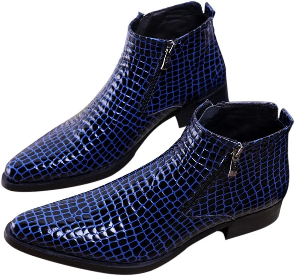 SANTIMON Men's Ankle Patent Leather Fashion Plaid Zipper Pointed Toe Casual Boots