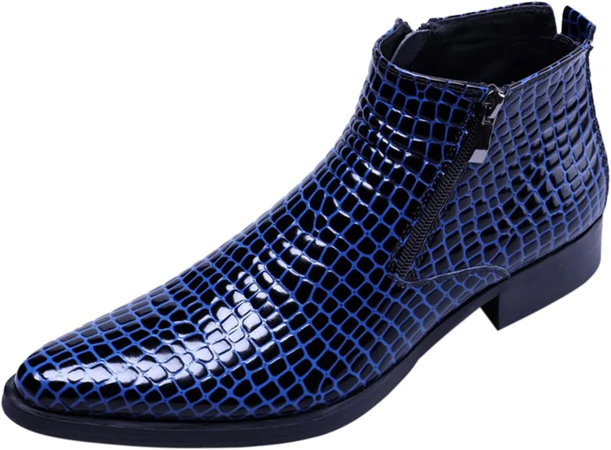 SANTIMON Men's Ankle Patent Leather Fashion Plaid Zipper Pointed Toe Casual Boots