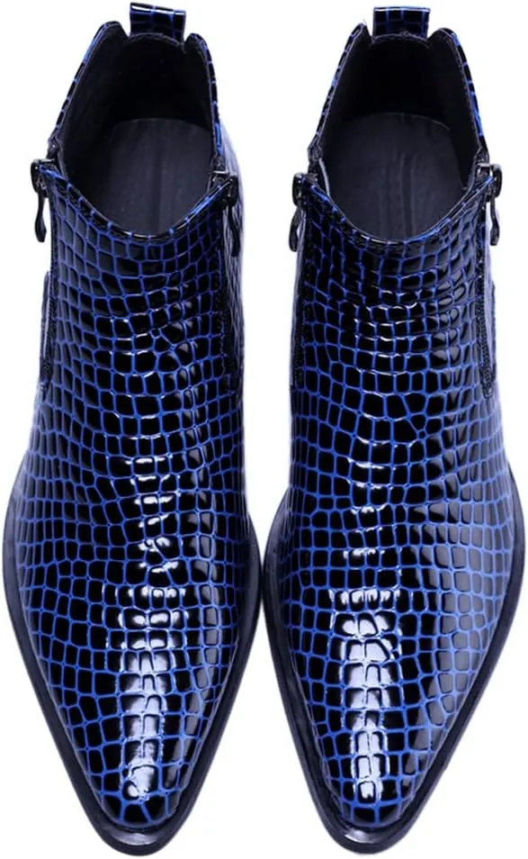 SANTIMON Men's Ankle Patent Leather Fashion Plaid Zipper Pointed Toe Casual Boots