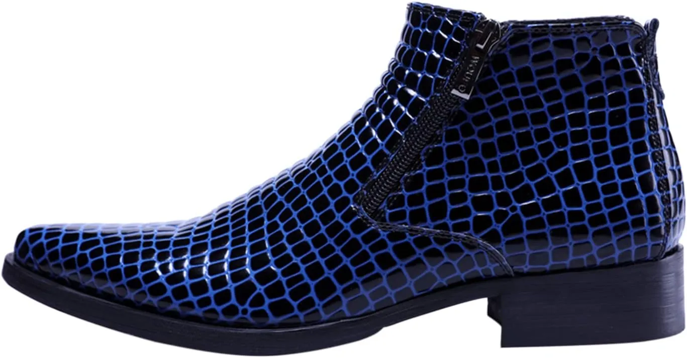 SANTIMON Men's Ankle Patent Leather Fashion Plaid Zipper Pointed Toe Casual Boots