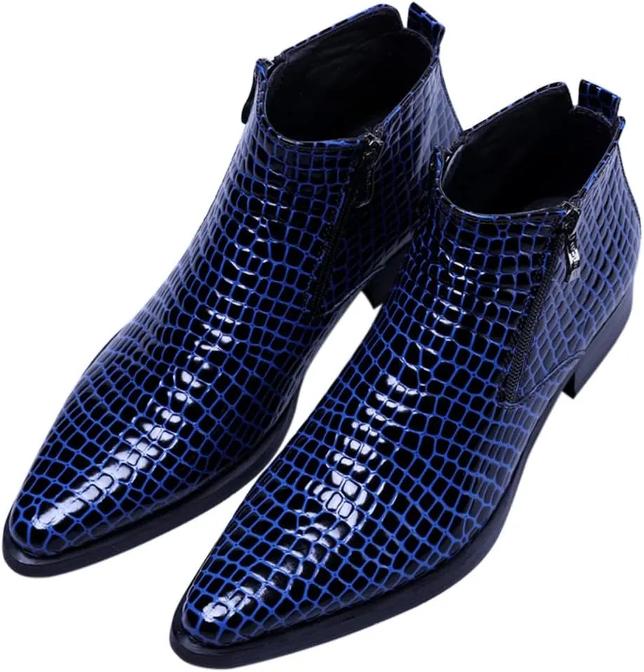 SANTIMON Men's Ankle Patent Leather Fashion Plaid Zipper Pointed Toe Casual Boots