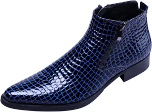SANTIMON Men's Ankle Patent Leather Fashion Plaid Zipper Pointed Toe Casual Boots