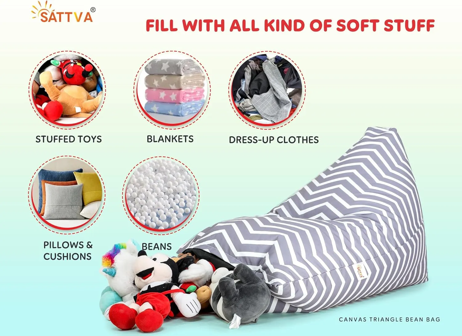 SATTVA Kids Triangle Canvas Bean Bag Cover (No Filling) Organize Stuffed Animal Storage, Beans, Toys Ultra Soft Zipper Bean Bag Chairs for Teens & Adults_Grey Zigzag Print
