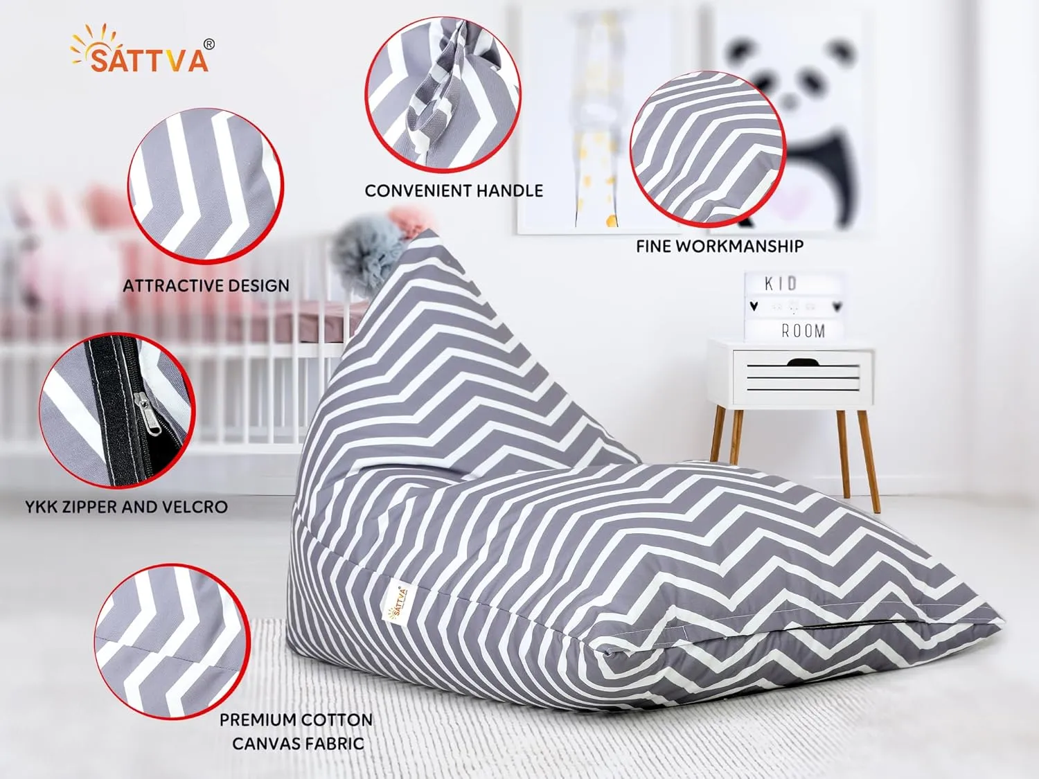 SATTVA Kids Triangle Canvas Bean Bag Cover (No Filling) Organize Stuffed Animal Storage, Beans, Toys Ultra Soft Zipper Bean Bag Chairs for Teens & Adults_Grey Zigzag Print