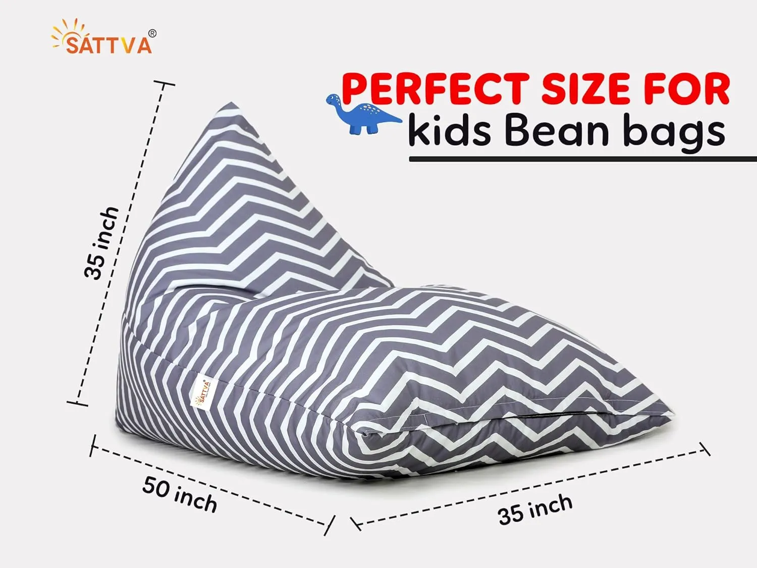 SATTVA Kids Triangle Canvas Bean Bag Cover (No Filling) Organize Stuffed Animal Storage, Beans, Toys Ultra Soft Zipper Bean Bag Chairs for Teens & Adults_Grey Zigzag Print