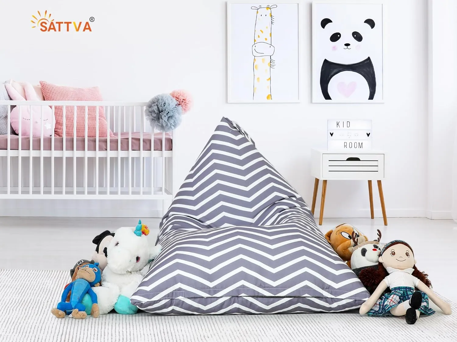 SATTVA Kids Triangle Canvas Bean Bag Cover (No Filling) Organize Stuffed Animal Storage, Beans, Toys Ultra Soft Zipper Bean Bag Chairs for Teens & Adults_Grey Zigzag Print