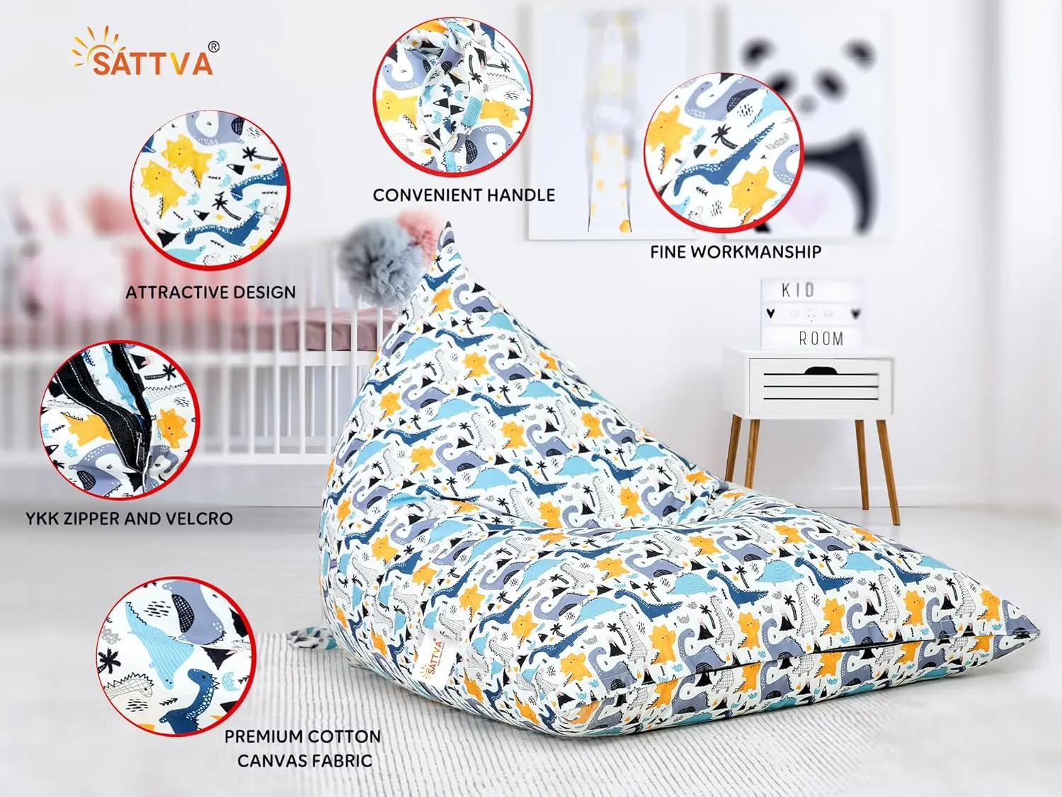 SATTVA Kids Triangle Canvas Bean Bag Cover (No Filling) Organize Stuffed Animal Storage, Beans, Toys Ultra Soft Zipper Bean Bag Chairs for Teens & Adults_White Dino Print
