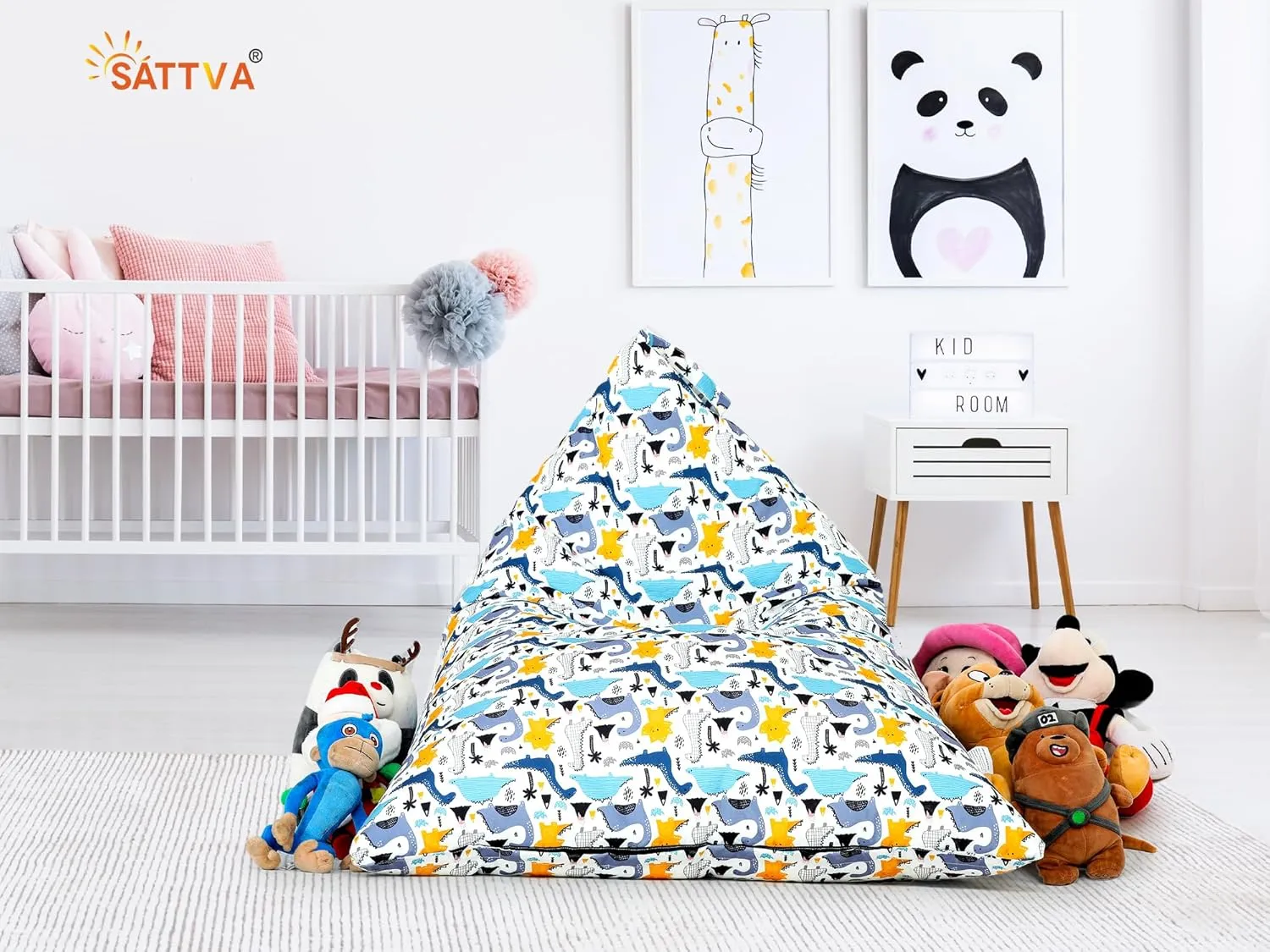SATTVA Kids Triangle Canvas Bean Bag Cover (No Filling) Organize Stuffed Animal Storage, Beans, Toys Ultra Soft Zipper Bean Bag Chairs for Teens & Adults_White Dino Print