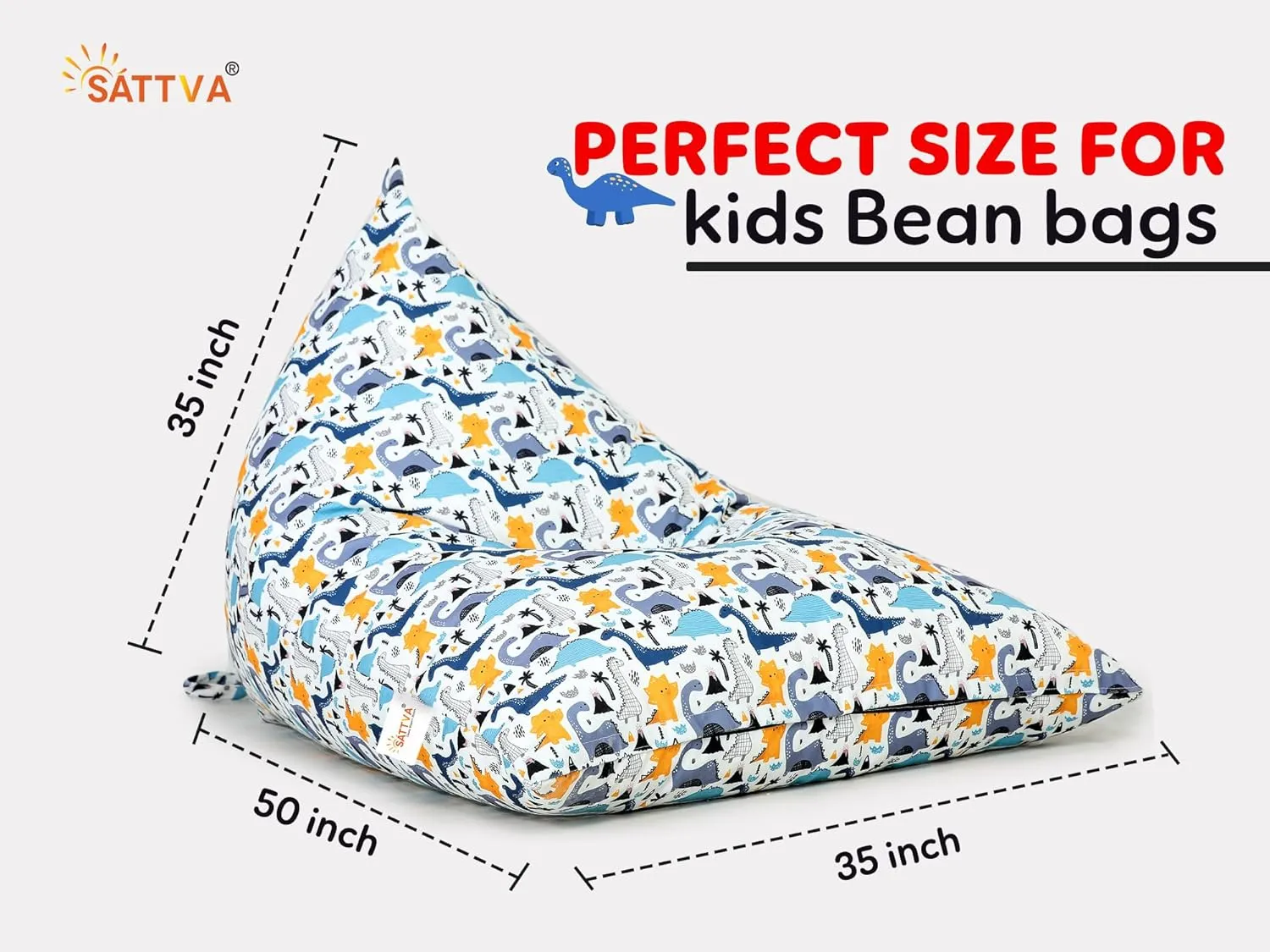 SATTVA Kids Triangle Canvas Bean Bag Cover (No Filling) Organize Stuffed Animal Storage, Beans, Toys Ultra Soft Zipper Bean Bag Chairs for Teens & Adults_White Dino Print
