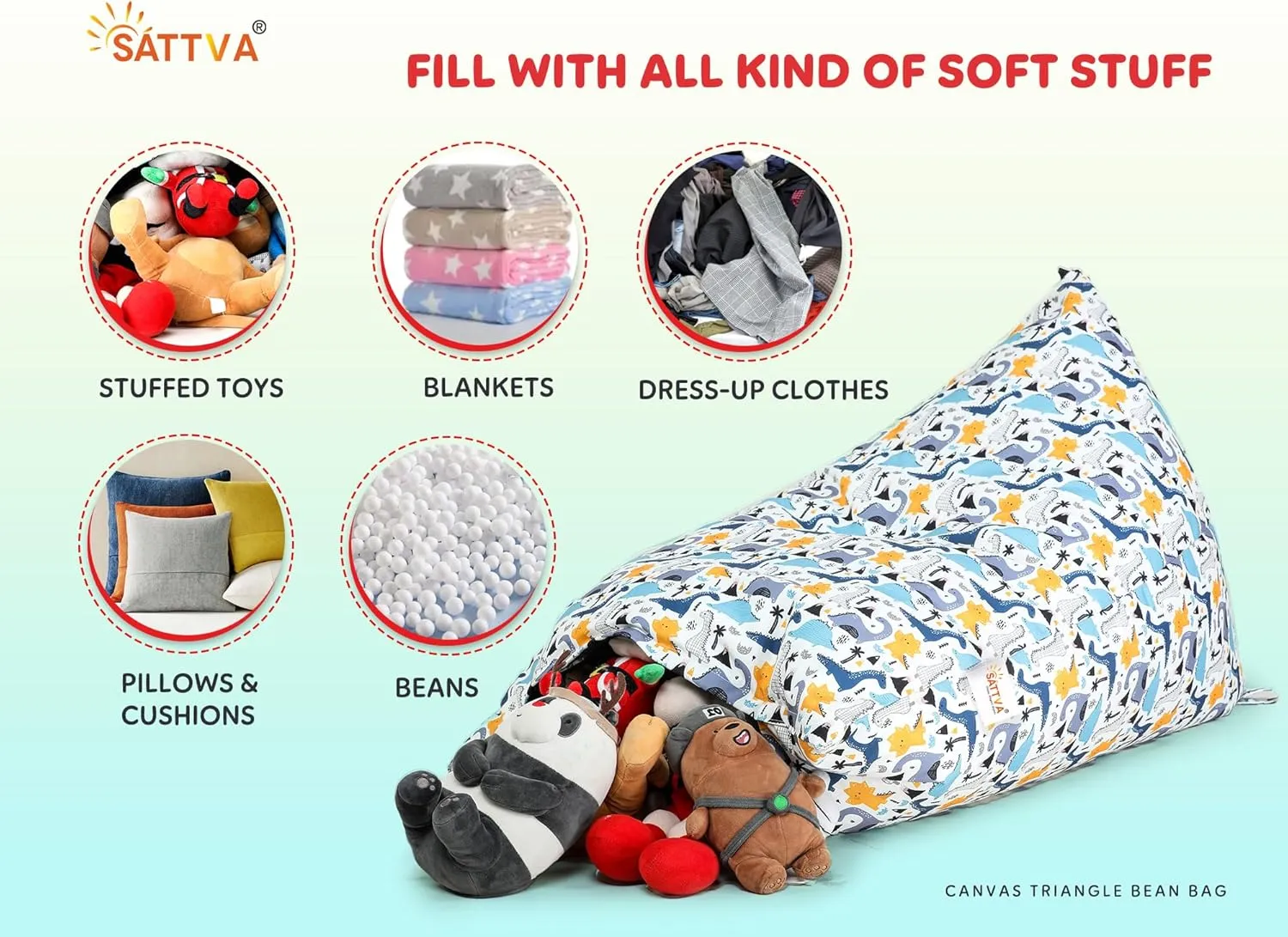 SATTVA Kids Triangle Canvas Bean Bag Cover (No Filling) Organize Stuffed Animal Storage, Beans, Toys Ultra Soft Zipper Bean Bag Chairs for Teens & Adults_White Dino Print