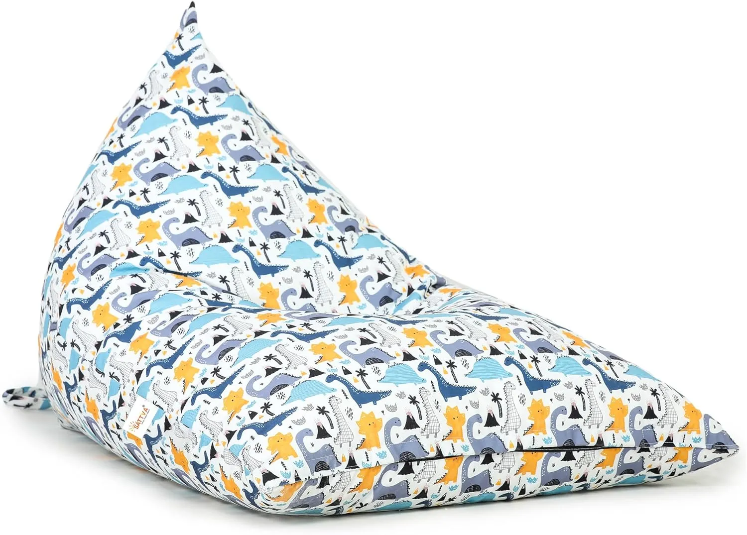 SATTVA Kids Triangle Canvas Bean Bag Cover (No Filling) Organize Stuffed Animal Storage, Beans, Toys Ultra Soft Zipper Bean Bag Chairs for Teens & Adults_White Dino Print