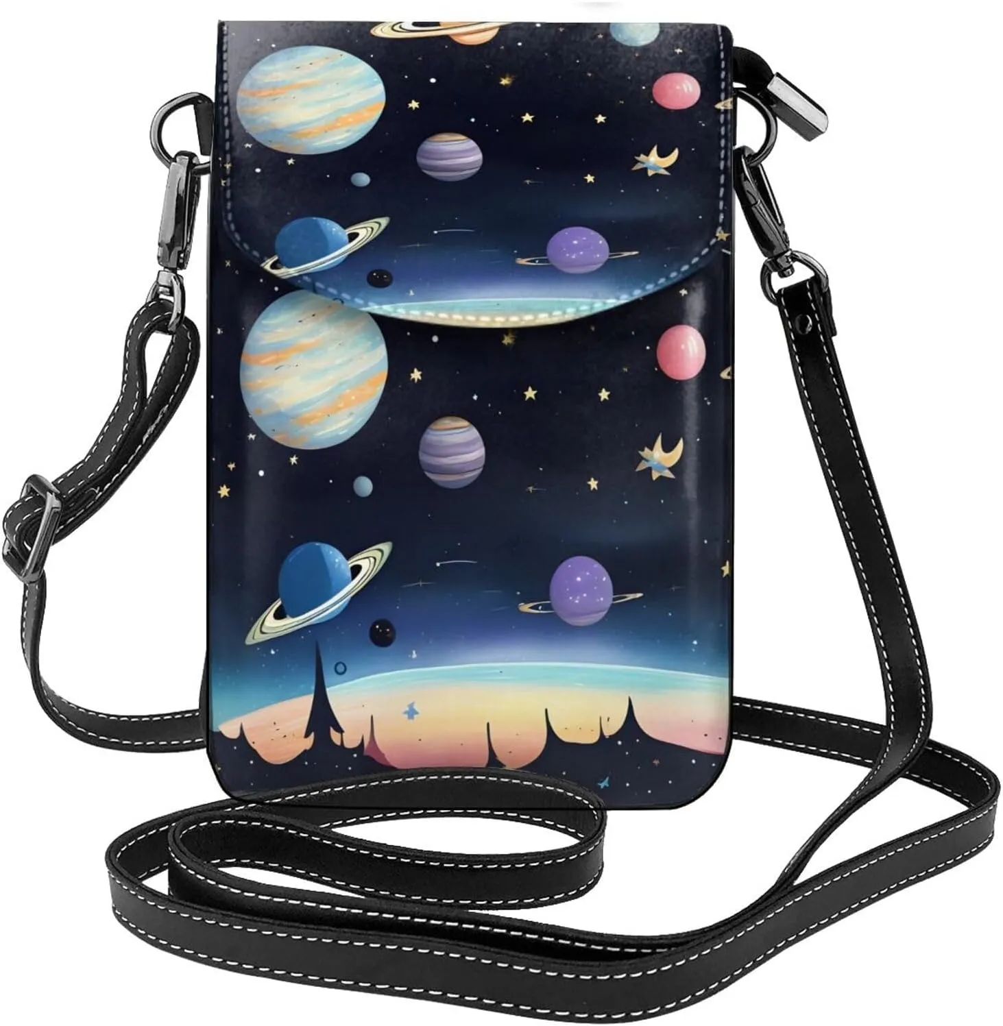Saturn Jupiter Earth Crossbody Bag, Leather Crossbody Flap Mobile Phone Bag.# Fashion Tassel Wallet Designed For Women.