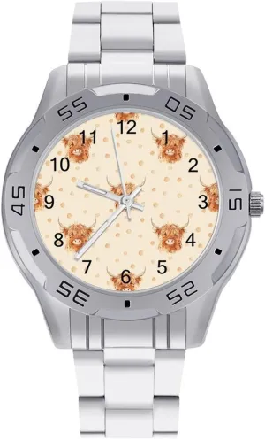 Scottish Highland Cow and Dot Simple Wrist Watches for Men Silver Casual Big Face Dress Watch Easy to Read