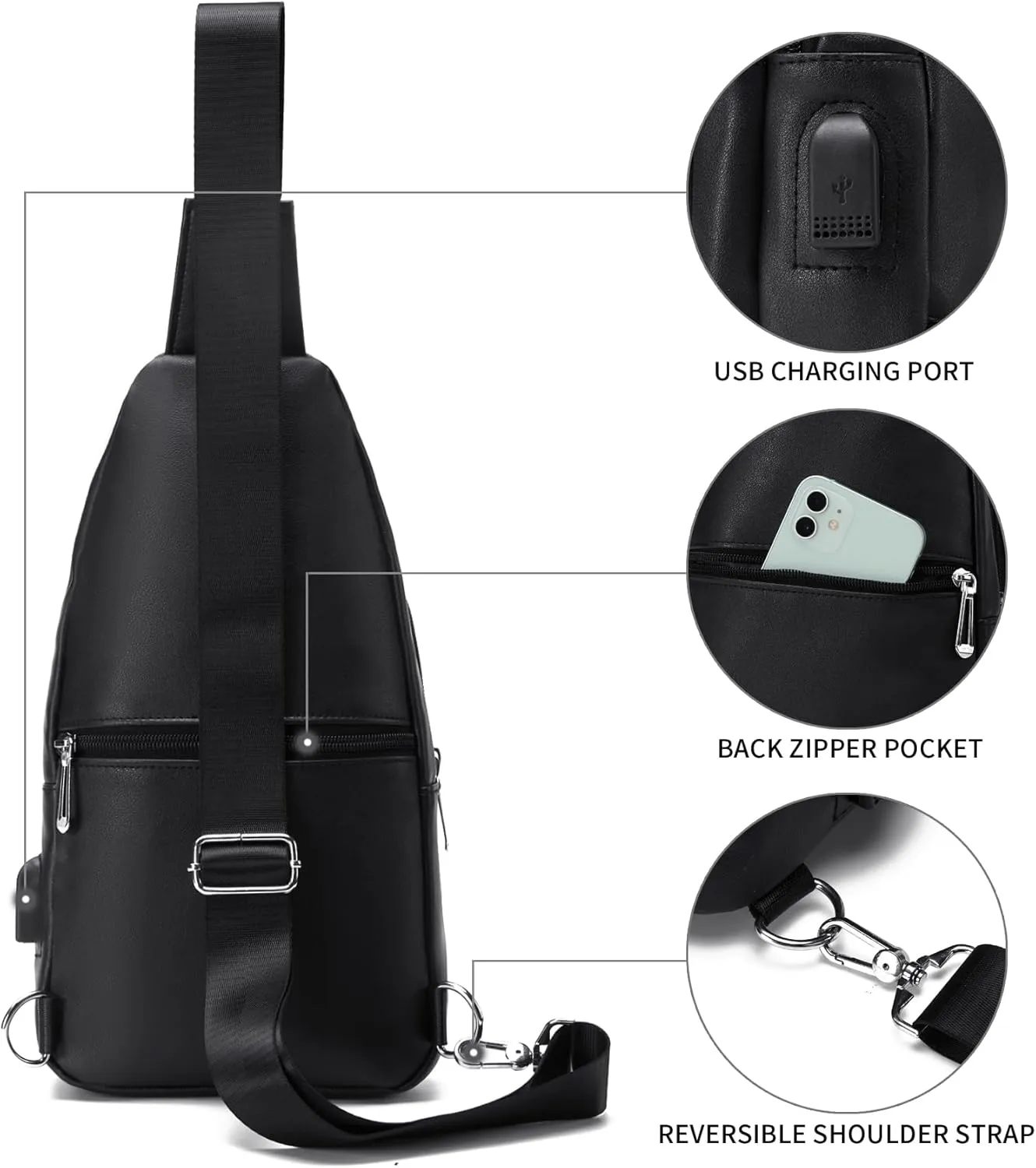 Seoky Rop Men Leather Sling Bag Purse Waterproof Crossbody Chest Bag Sling Backpack with USB Charging Port One Shoulder Bag Black