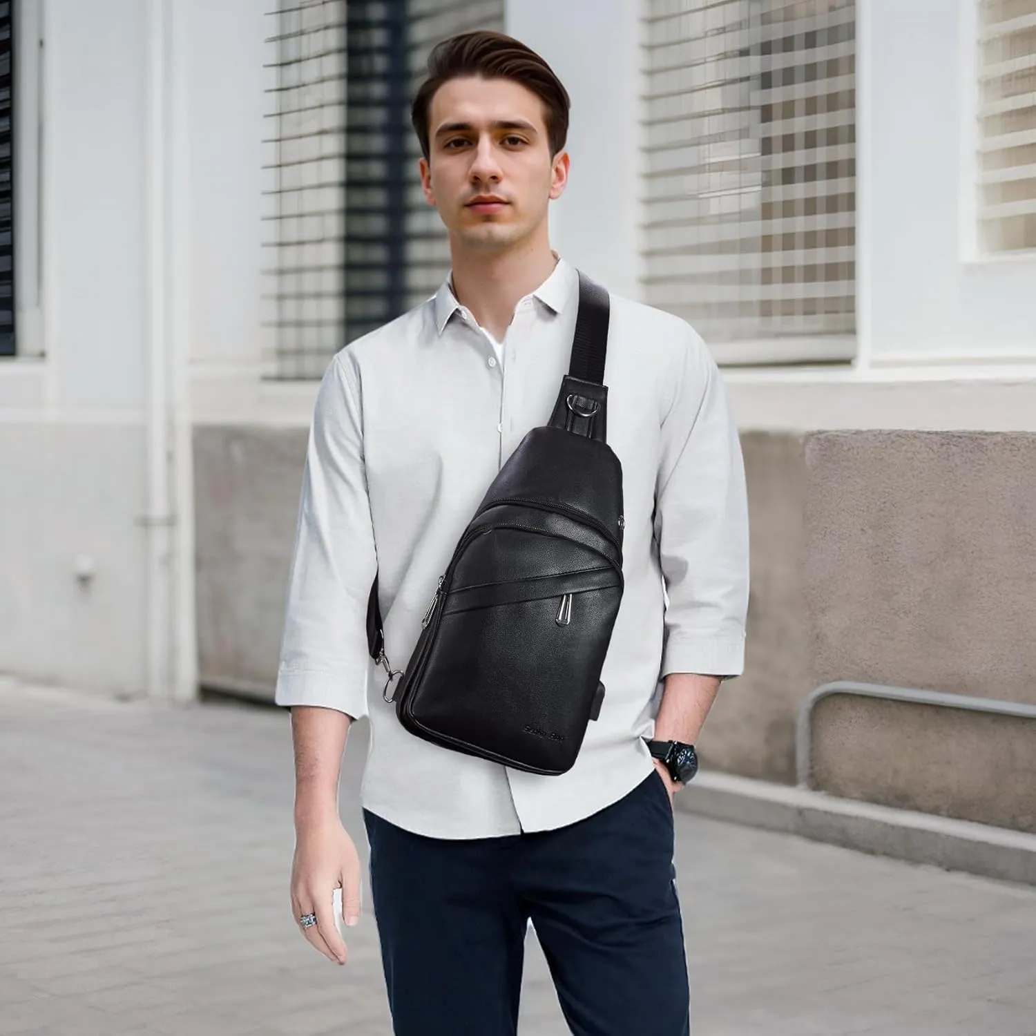 Seoky Rop Men Leather Sling Bag Purse Waterproof Crossbody Chest Bag Sling Backpack with USB Charging Port One Shoulder Bag Black