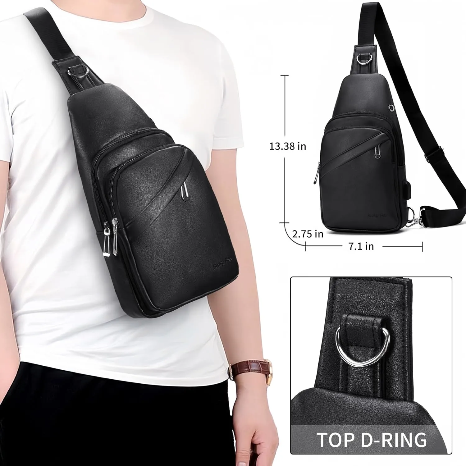 Seoky Rop Men Leather Sling Bag Purse Waterproof Crossbody Chest Bag Sling Backpack with USB Charging Port One Shoulder Bag Black