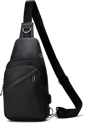 Seoky Rop Men Leather Sling Bag Purse Waterproof Crossbody Chest Bag Sling Backpack with USB Charging Port One Shoulder Bag Black