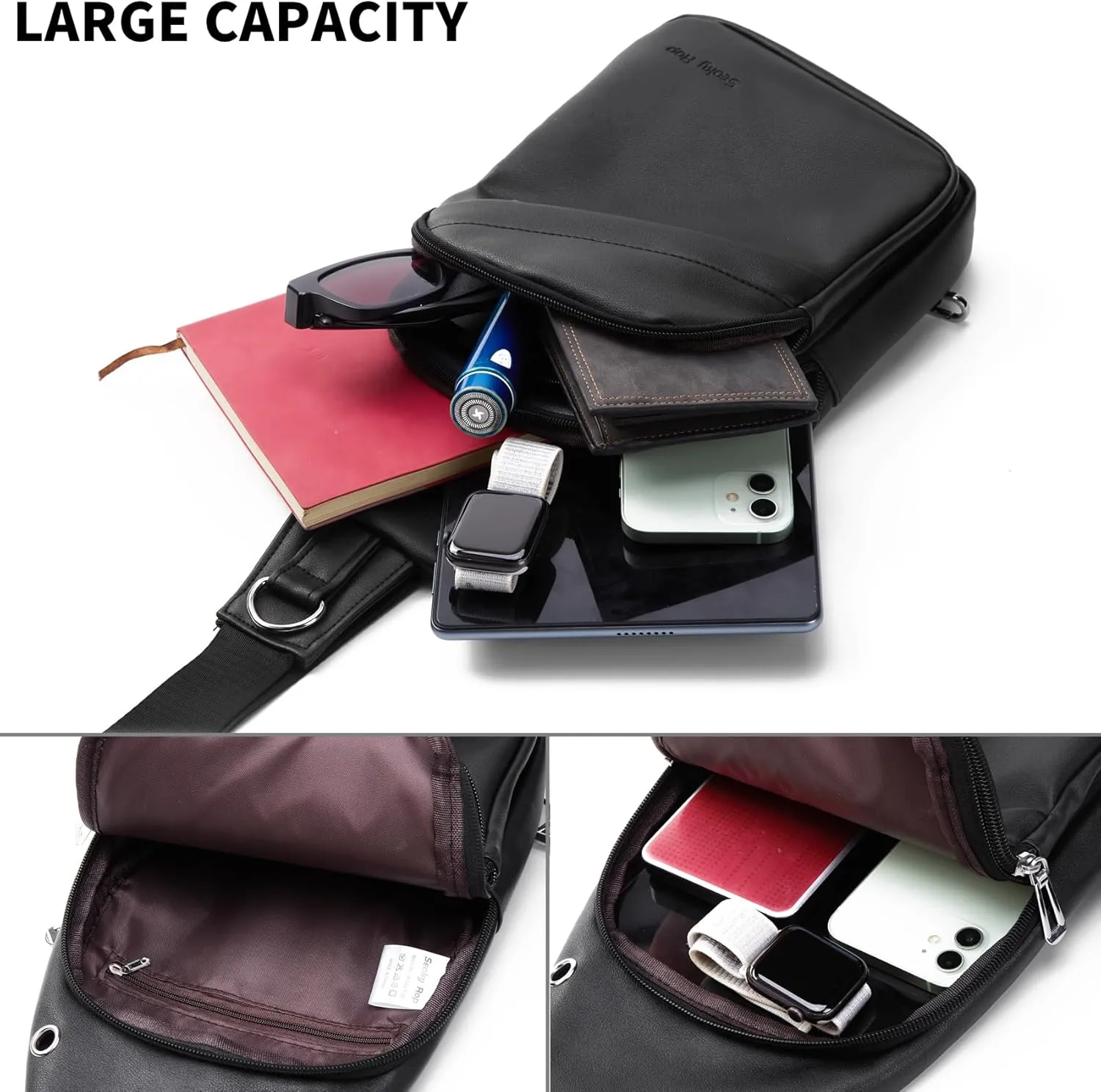 Seoky Rop Men Leather Sling Bag Purse Waterproof Crossbody Chest Bag Sling Backpack with USB Charging Port One Shoulder Bag Black