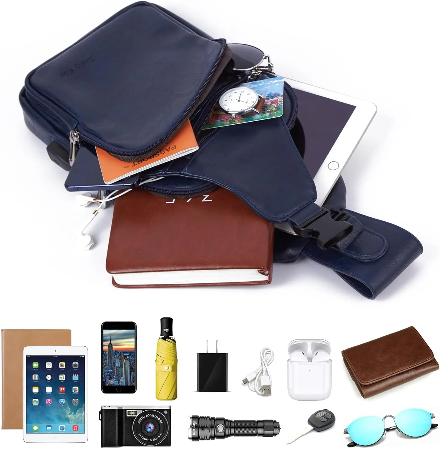 Seoky Rop Men's Sling Bag Lightweight Waterproof Chest Shoulder Crossbody Bag with USB Charging Port Blue