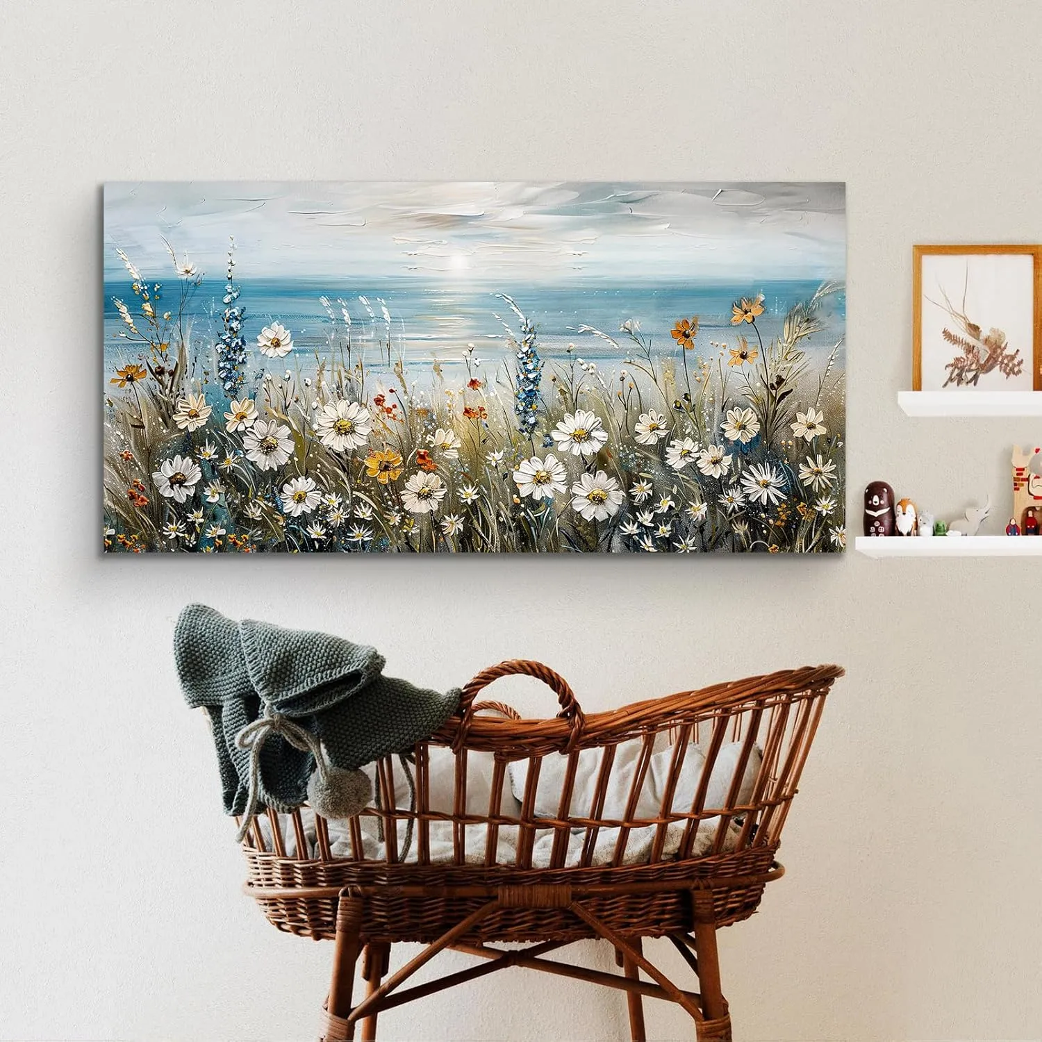 SERIMINO Coastal Landscape Wall Art Prints, Beach Daisy Large Canvas Prints, Wildflowers Paintings Modern Farmhouse Decor, Floral Pictures Wall Decor Living Room Dining Room Kitchen 20"X40"