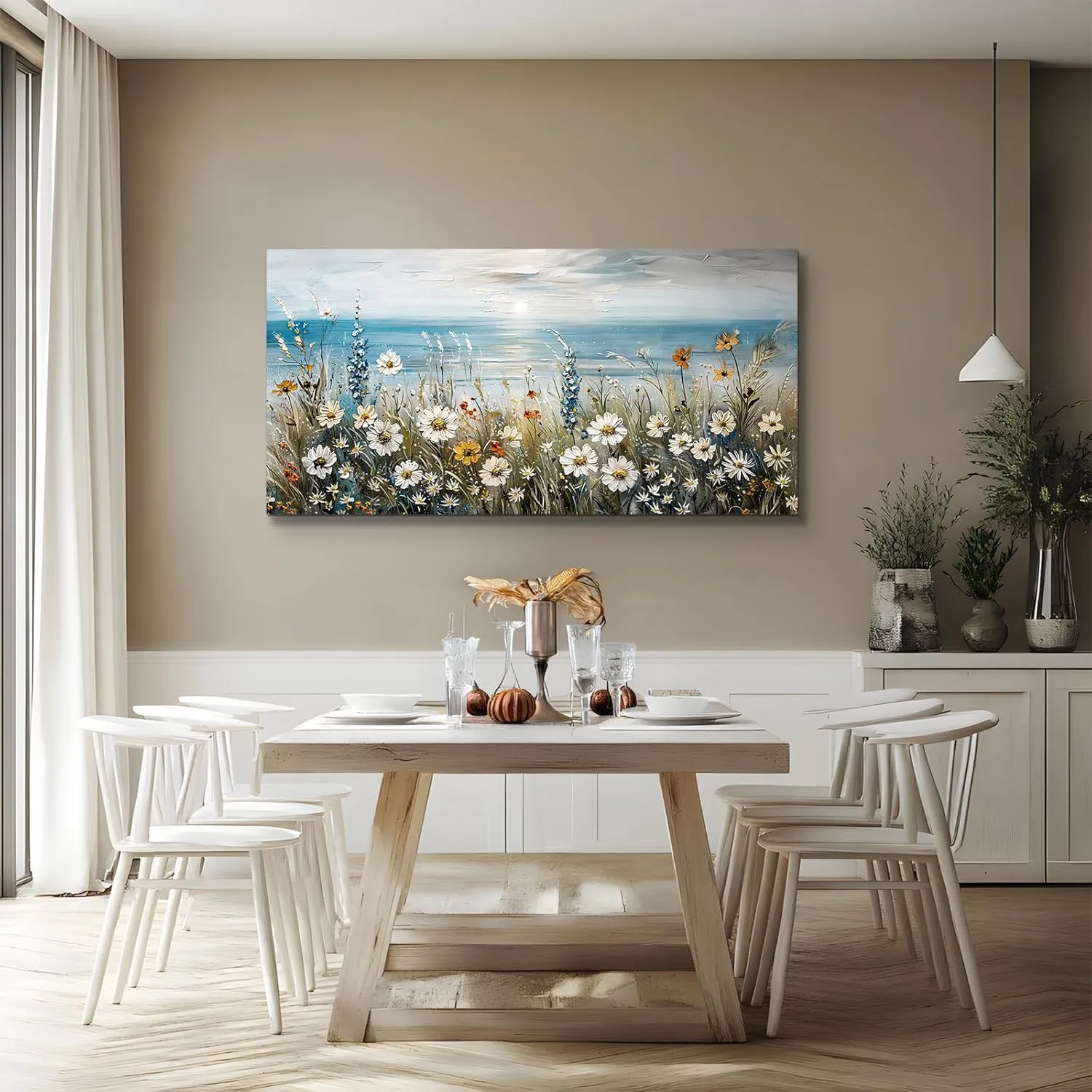 SERIMINO Coastal Landscape Wall Art Prints, Beach Daisy Large Canvas Prints, Wildflowers Paintings Modern Farmhouse Decor, Floral Pictures Wall Decor Living Room Dining Room Kitchen 20"X40"