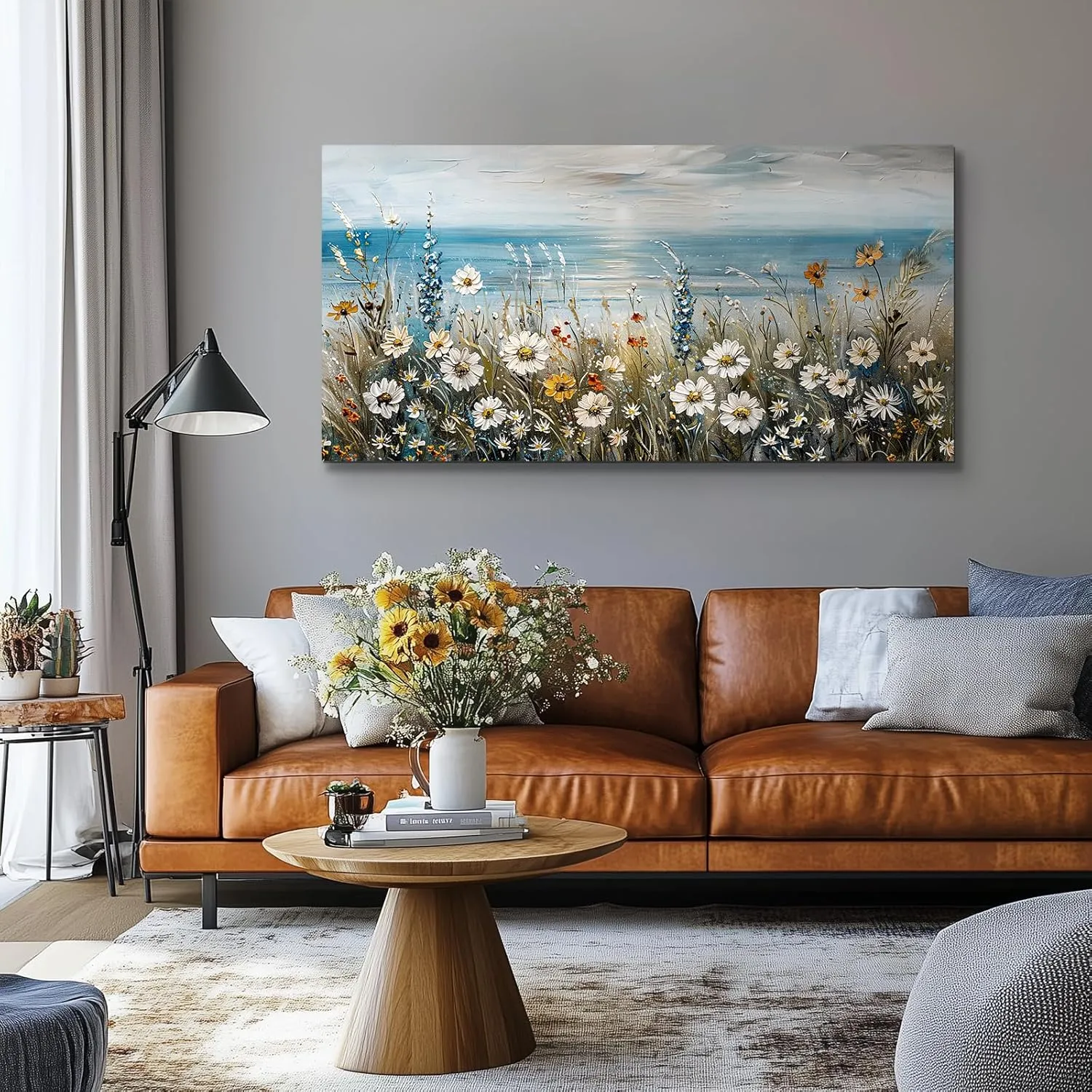 SERIMINO Coastal Landscape Wall Art Prints, Beach Daisy Large Canvas Prints, Wildflowers Paintings Modern Farmhouse Decor, Floral Pictures Wall Decor Living Room Dining Room Kitchen 20"X40"