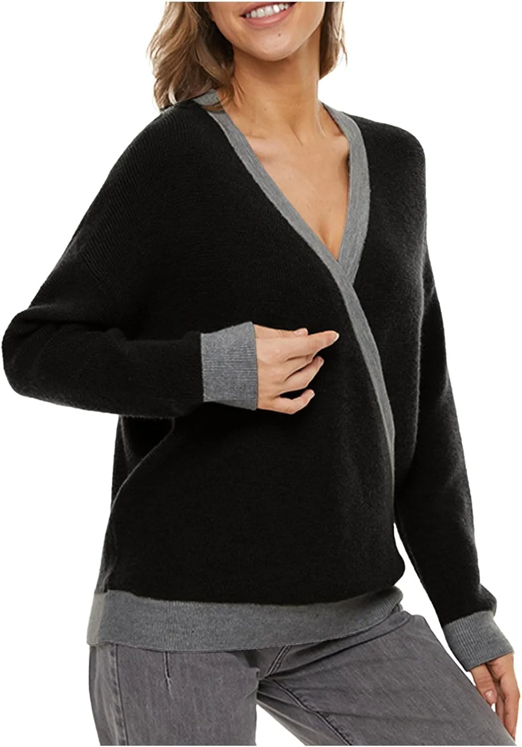 Sexy Cross Wrap v Neck Sweaters for Women Trendy Oversized Long Sleeve Knit Pullover Tops Ladies Casual Sweater