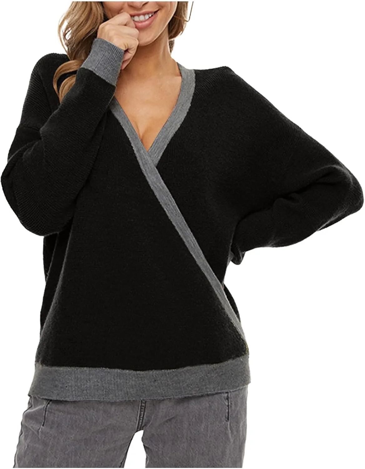 Sexy Cross Wrap v Neck Sweaters for Women Trendy Oversized Long Sleeve Knit Pullover Tops Ladies Casual Sweater
