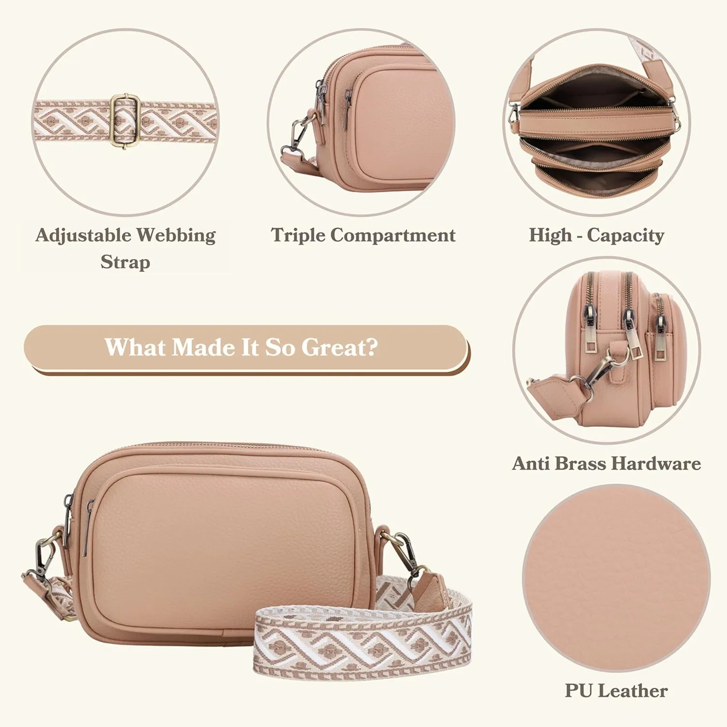 SG SUGU Small Crossbody Bag for Women, Triple Compartment Shoulder Handbags with Adjustable Strap, Camera Purse for Everyday