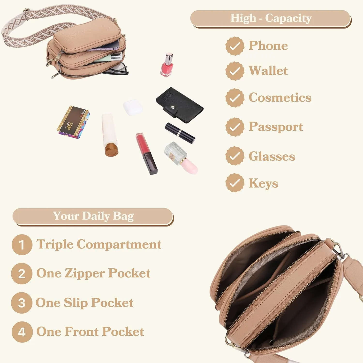 SG SUGU Small Crossbody Bag for Women, Triple Compartment Shoulder Handbags with Adjustable Strap, Camera Purse for Everyday