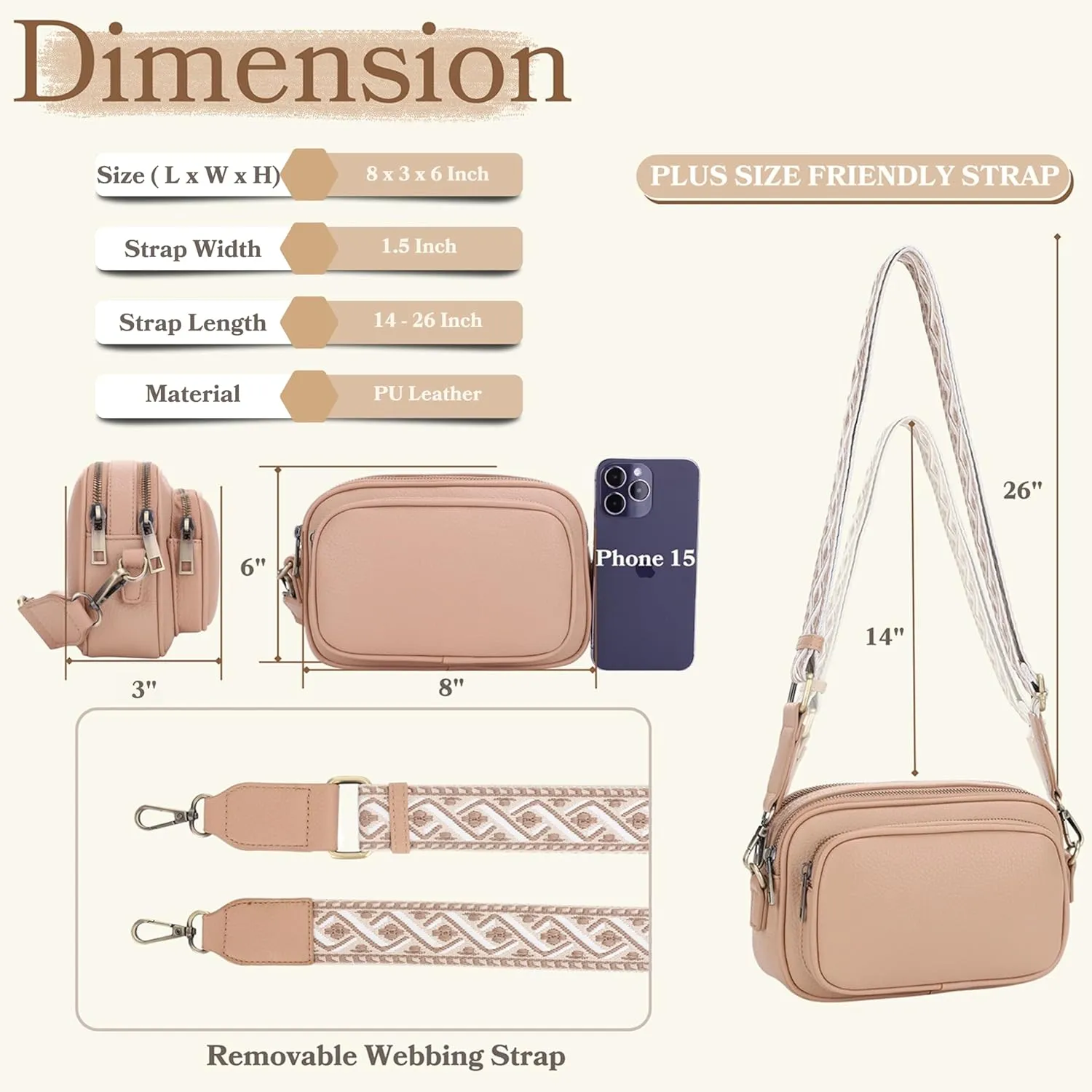 SG SUGU Small Crossbody Bag for Women, Triple Compartment Shoulder Handbags with Adjustable Strap, Camera Purse for Everyday